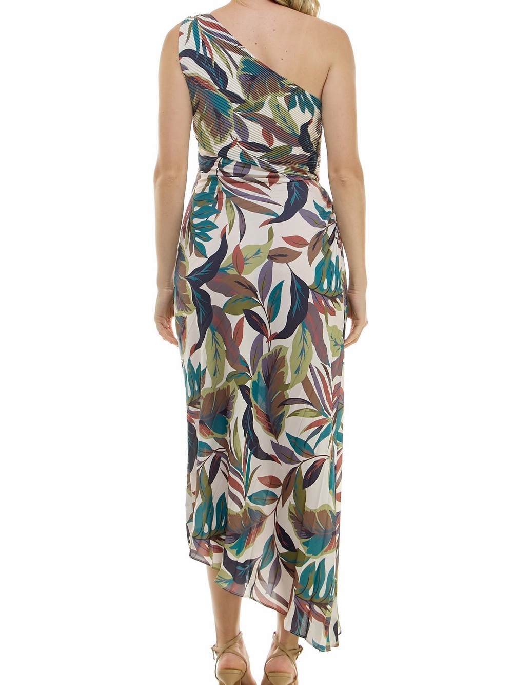 NWT Nicole Miller One-Shoulder Tropical Leaf Midi Dress Size 10 - Picture 2 of 11